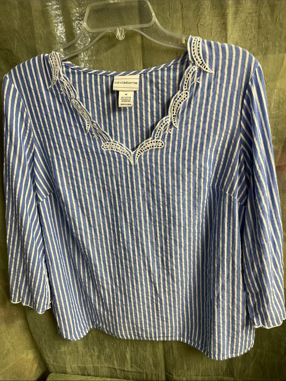 Liz Claiborne Blue and White Striped Lace-Trim V-Neck Top